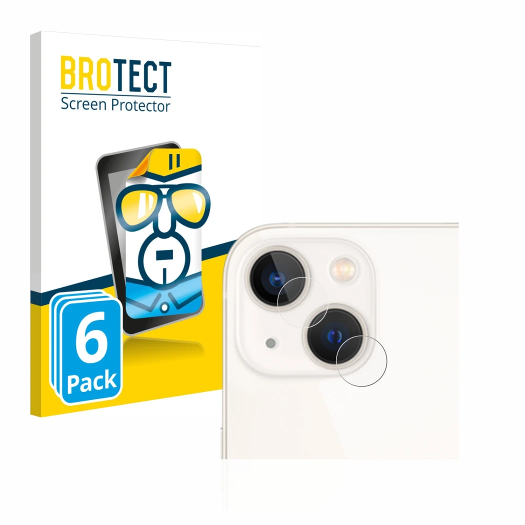 Front side of a product packaging with the brand logo BROTECT. Next to it is the device Apple iPhone 13 (ONLY Camera Lens) sho