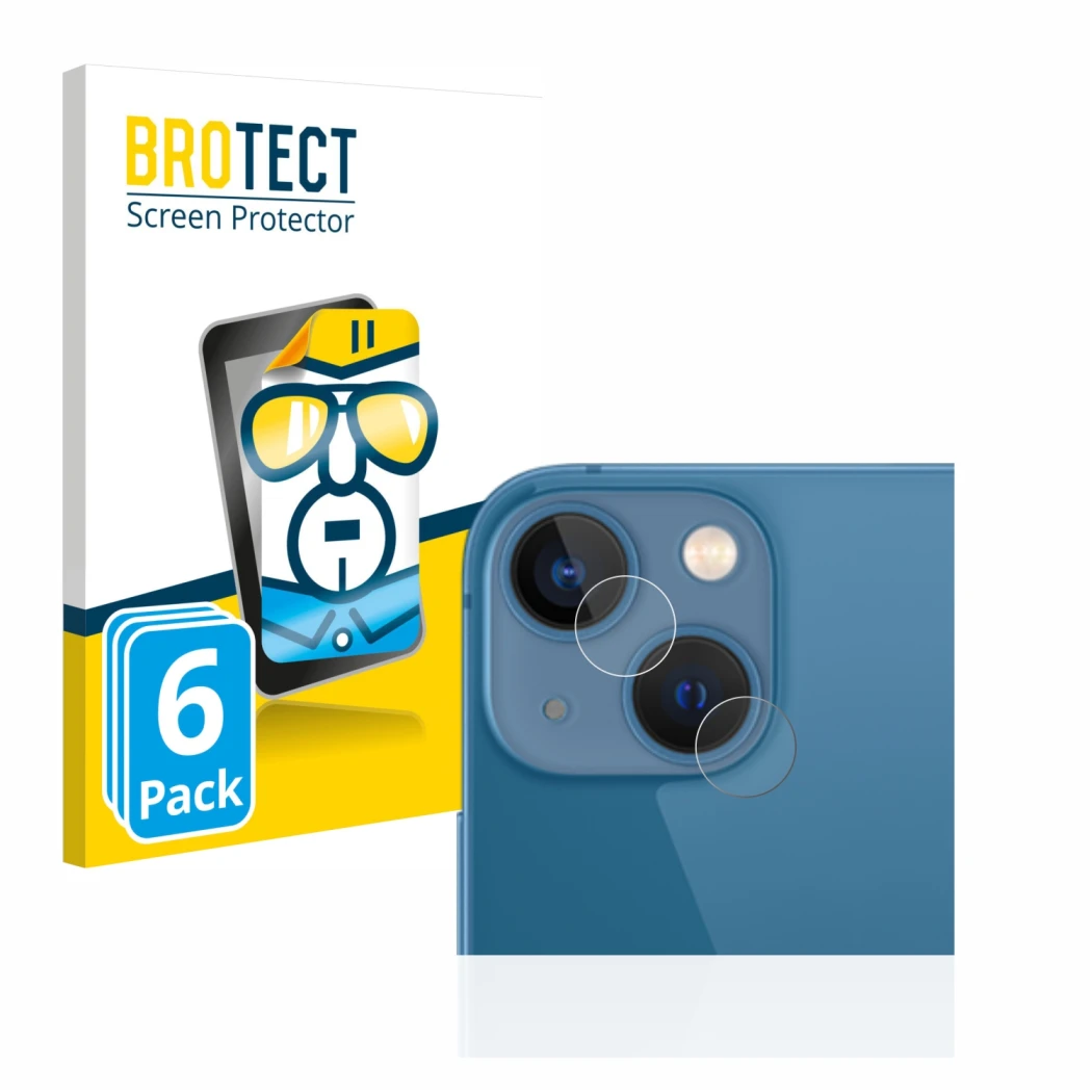 Front side of a product packaging with the brand logo BROTECT. Next to it is the device Apple iPhone 13 mini (ONLY Camera Lens