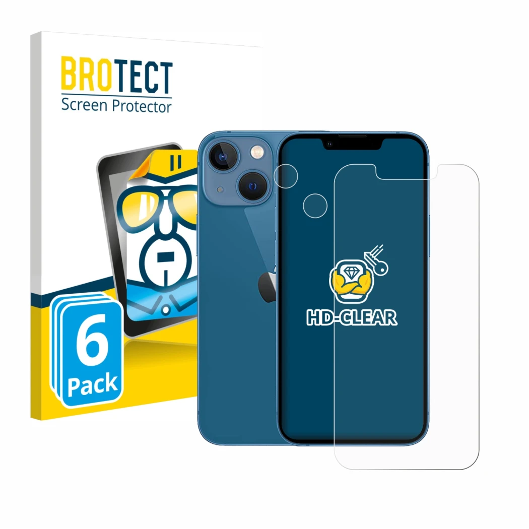 Front side of a product packaging with the brand logo BROTECT. Next to it is the device Apple iPhone 13 mini (Front+Camera) sh