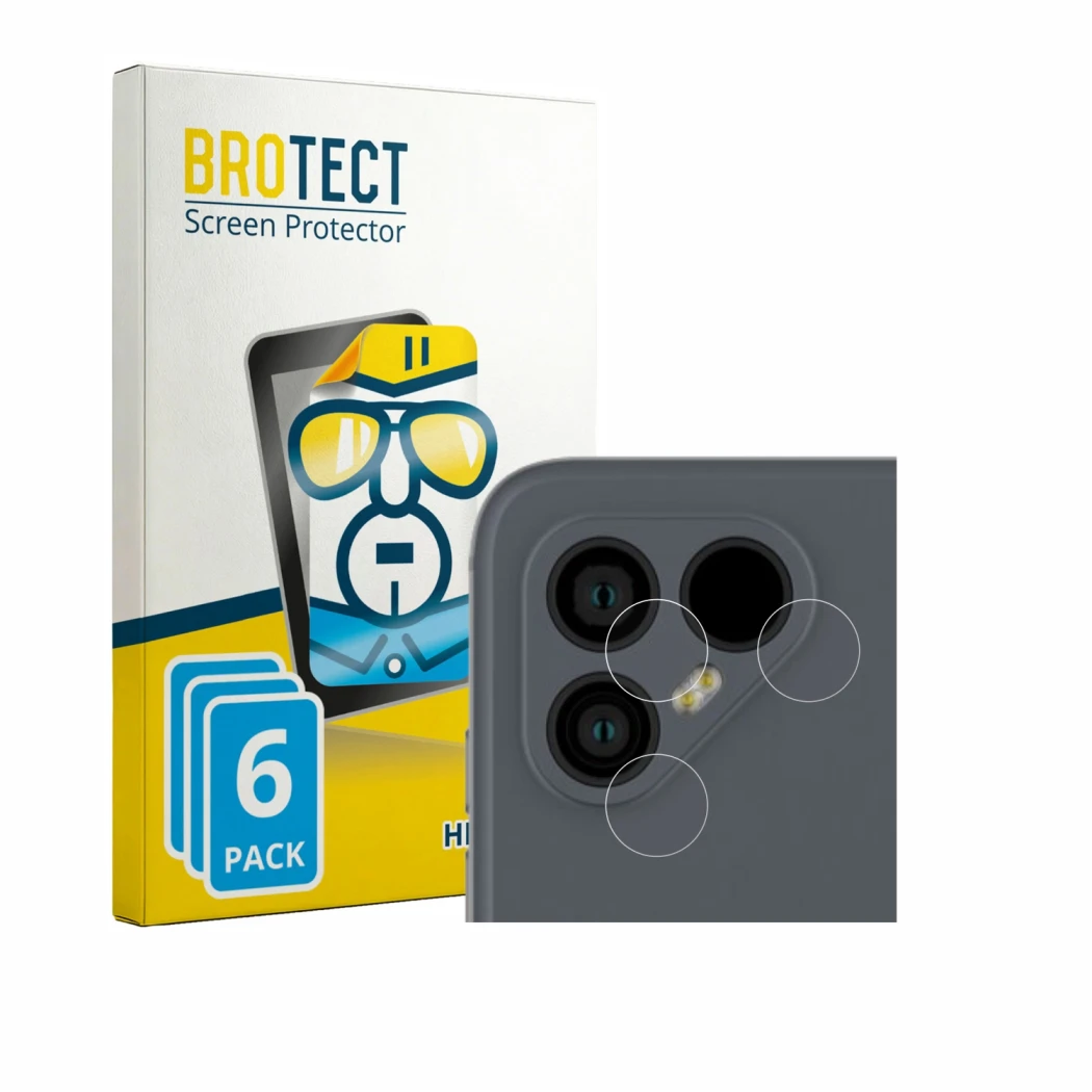 Front side of a product packaging with the brand logo BROTECT. Next to it is the device Fairphone 4 (ONLY Camera Lens) shown w