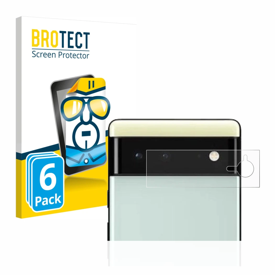 Front side of a product packaging with the brand logo BROTECT. Next to it is the device Google Pixel 6 (ONLY Camera Lens) show