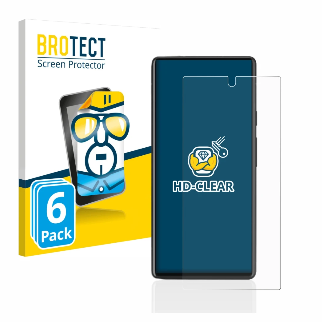 Front side of a product packaging with the brand logo BROTECT. Next to it is the device Google Pixel 6a shown with the corresp
