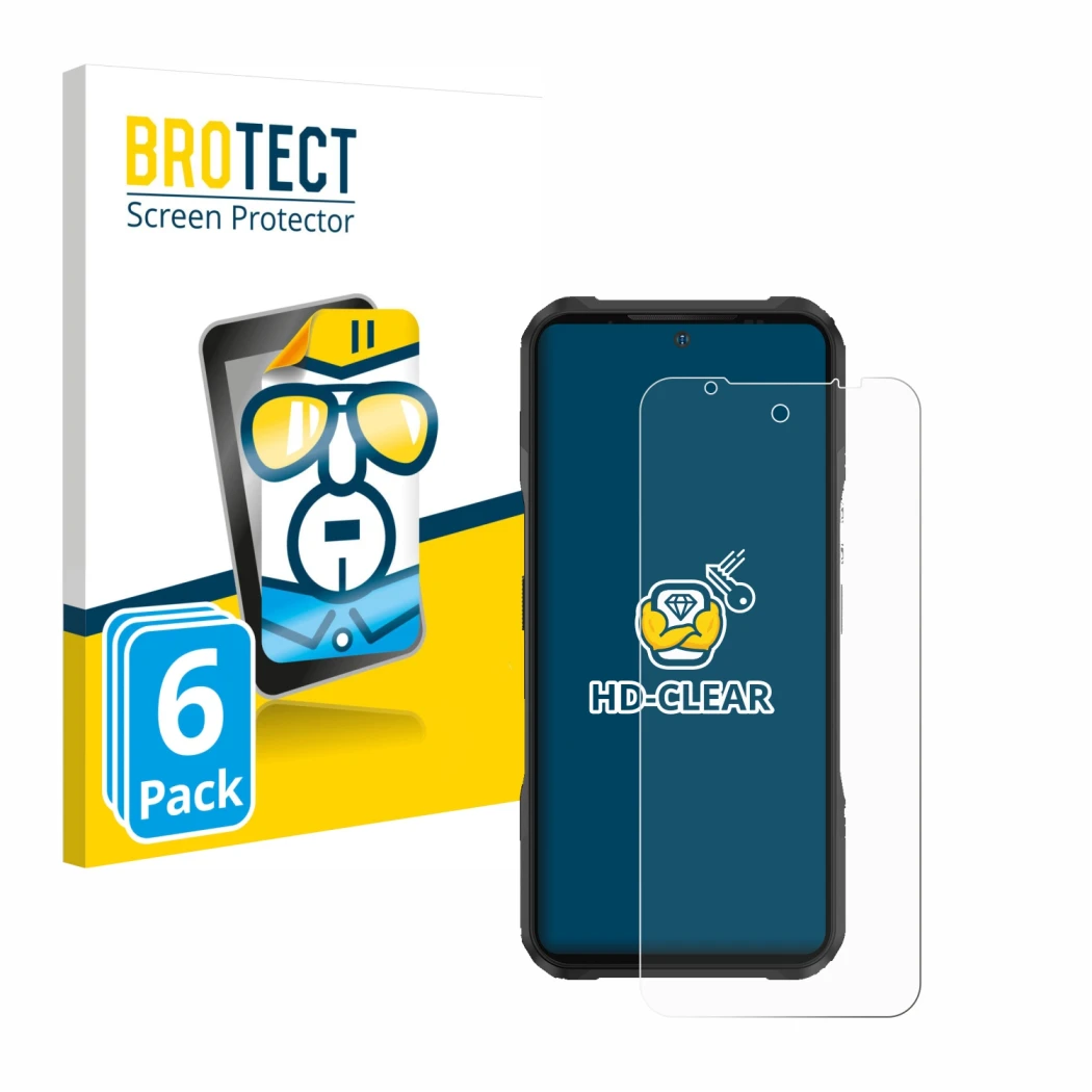 Front side of a product packaging with the brand logo BROTECT. Next to it is the device Doogee V20 shown with the correspondin