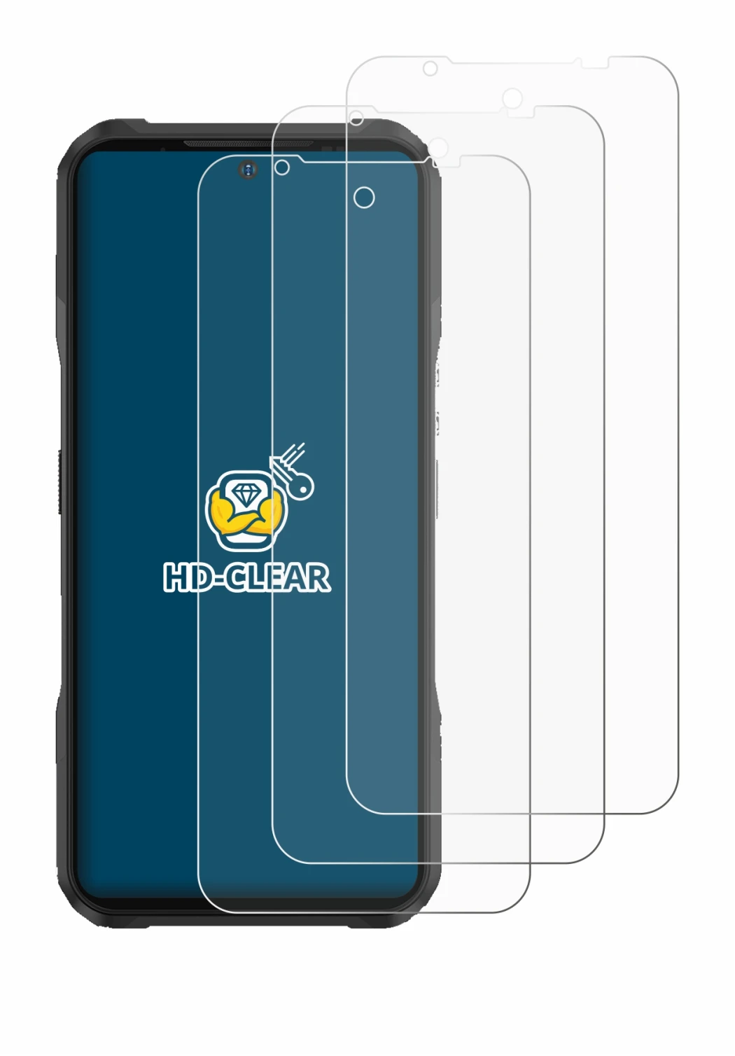 Image of the device Doogee V20 with a wide variety of screen protectors.