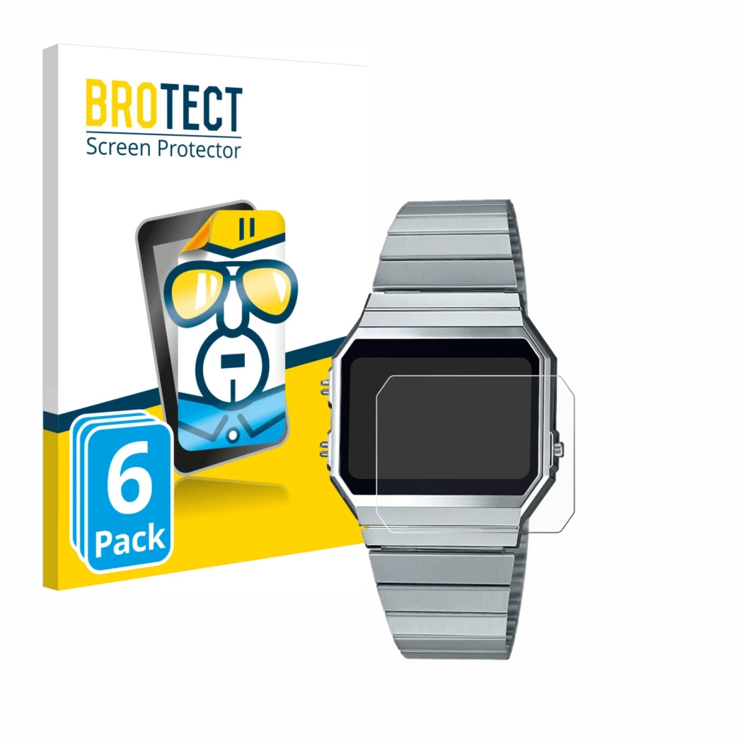 Front side of a product packaging with the brand logo BROTECT. Next to it is the device Casio A700WE shown with the correspond