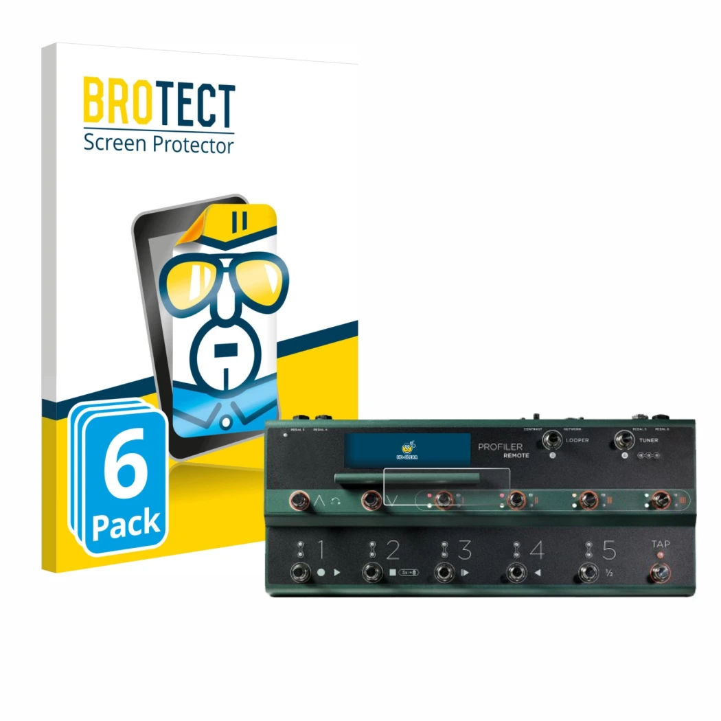 Front side of a product packaging with the brand logo BROTECT. Next to it is the device Kemper Profiler Remote shown with the
