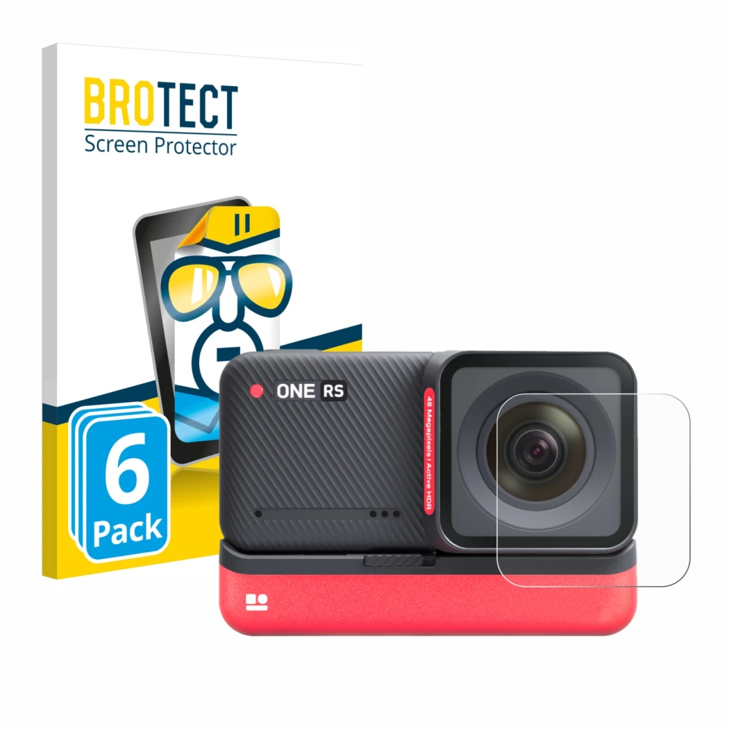 Front side of a product packaging with the brand logo BROTECT. Next to it is the device Insta360 One RS 4K Edition (Lens) show