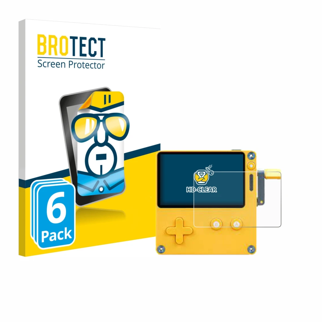 Front side of a product packaging with the brand logo BROTECT. Next to it is the device Panic Playdate shown with the correspo
