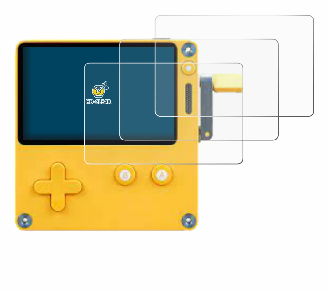 Image of the device Panic Playdate with a wide variety of screen protectors.