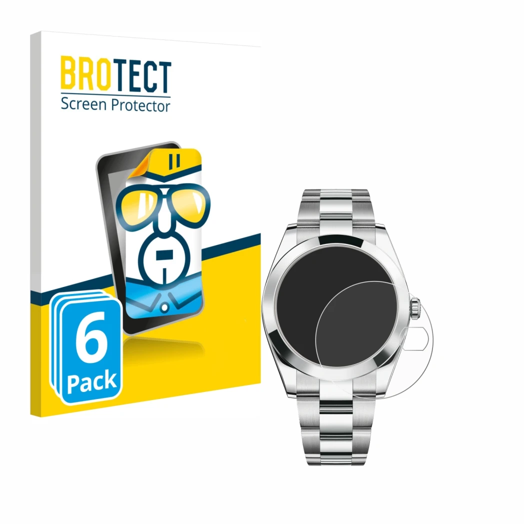Front side of a product packaging with the brand logo BROTECT. Next to it is the device Rolex Datejust 41 shown with the corre