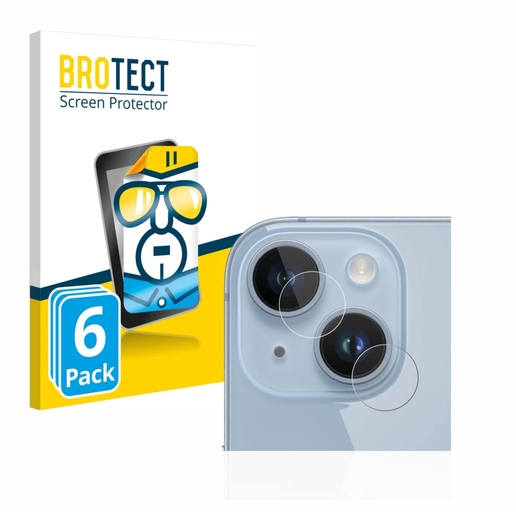 Front side of a product packaging with the brand logo BROTECT. Next to it is the device Apple iPhone 14 (ONLY Camera Lens) sho