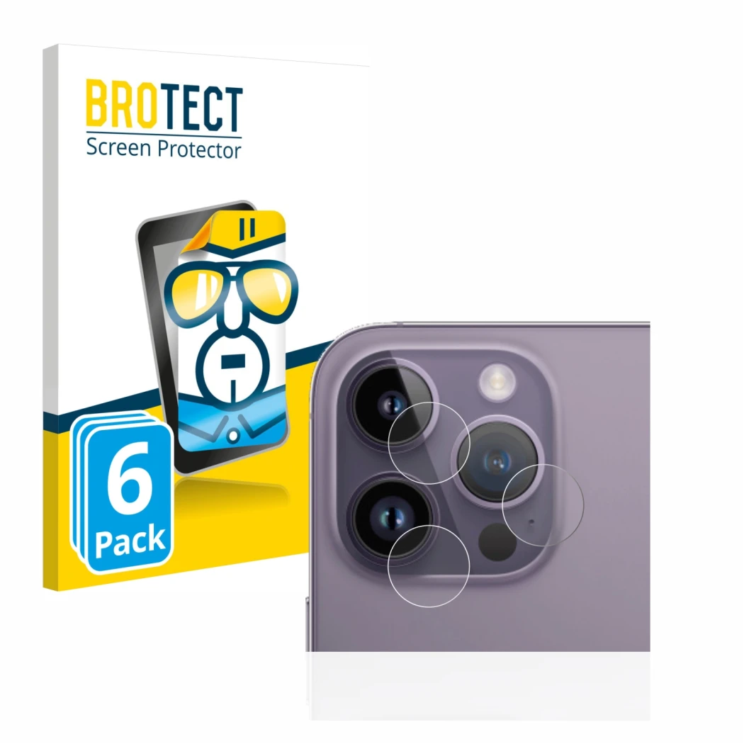 Front side of a product packaging with the brand logo BROTECT. Next to it is the device Apple iPhone 14 Pro Max (ONLY Camera L