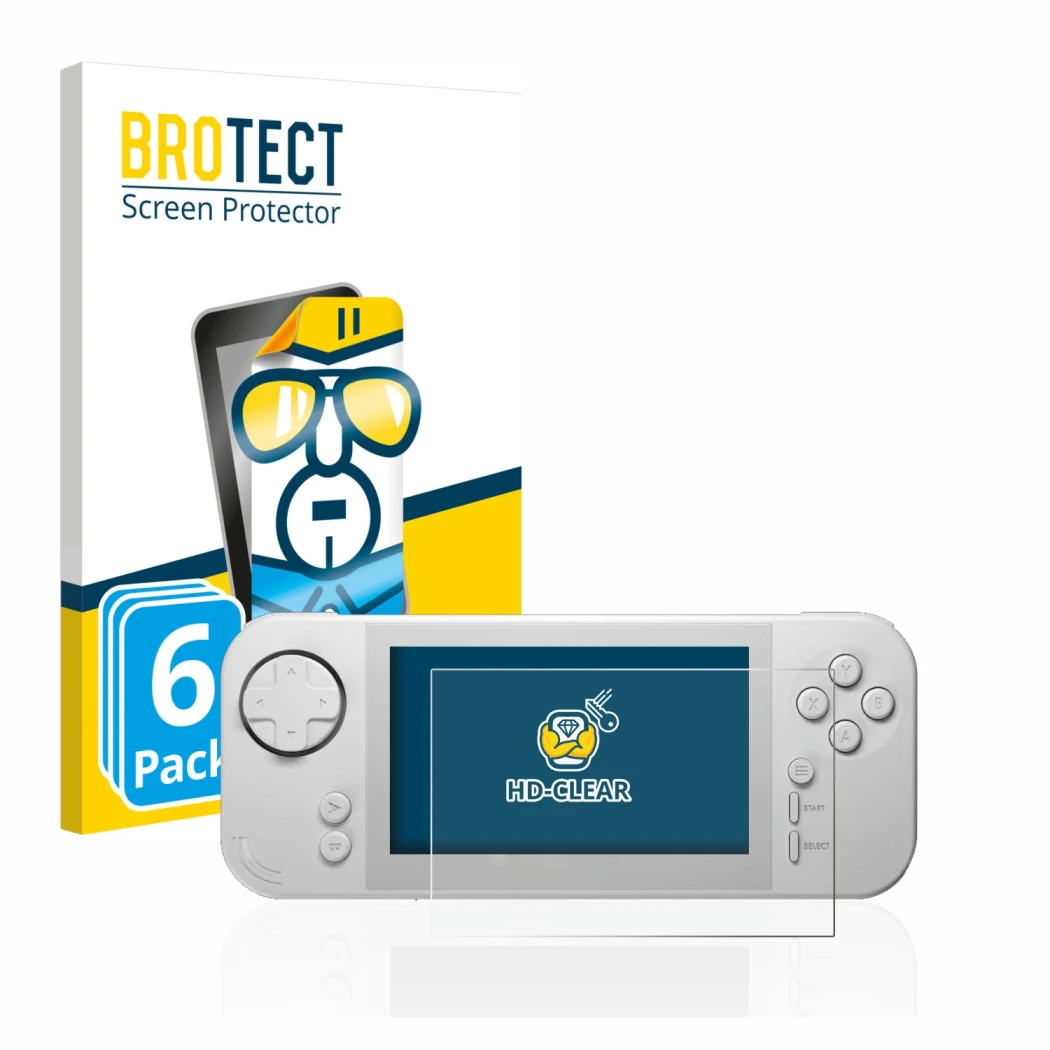 Front side of a product packaging with the brand logo BROTECT. Next to it is the device Evercade EXP shown with the correspond