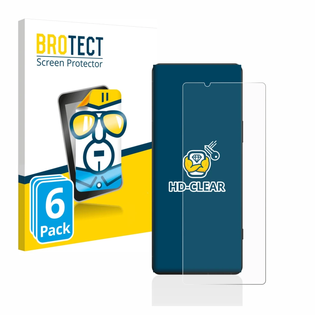 Front side of a product packaging with the brand logo BROTECT. Next to it is the device Sony Xperia 5 IV shown with the corres