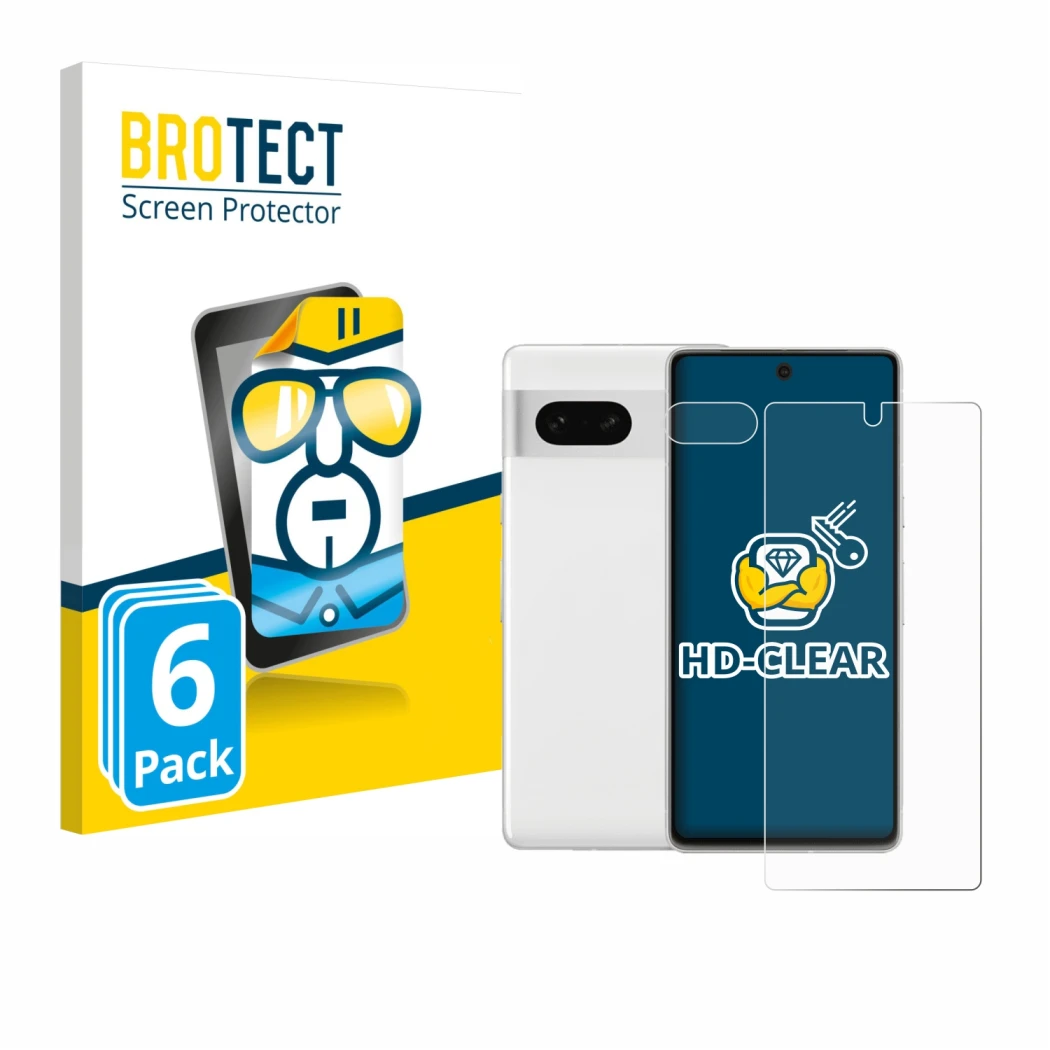 Front side of a product packaging with the brand logo BROTECT. Next to it is the device Google Pixel 7 (Front+Camera) shown wi