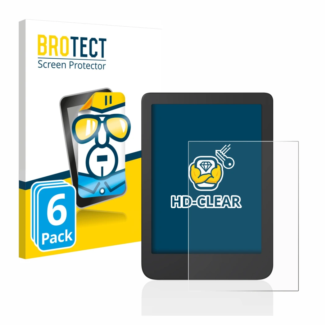 Front side of a product packaging with the brand logo BROTECT. Next to it is the device Tolino Shine 4 shown with the correspo