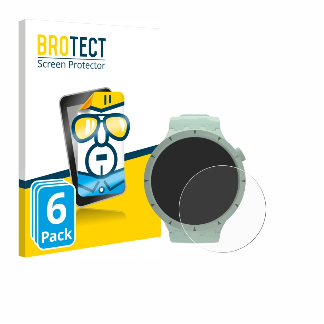 Front side of a product packaging with the brand logo BROTECT. Next to it is the device Swatch Big Bold Bioceramic shown with