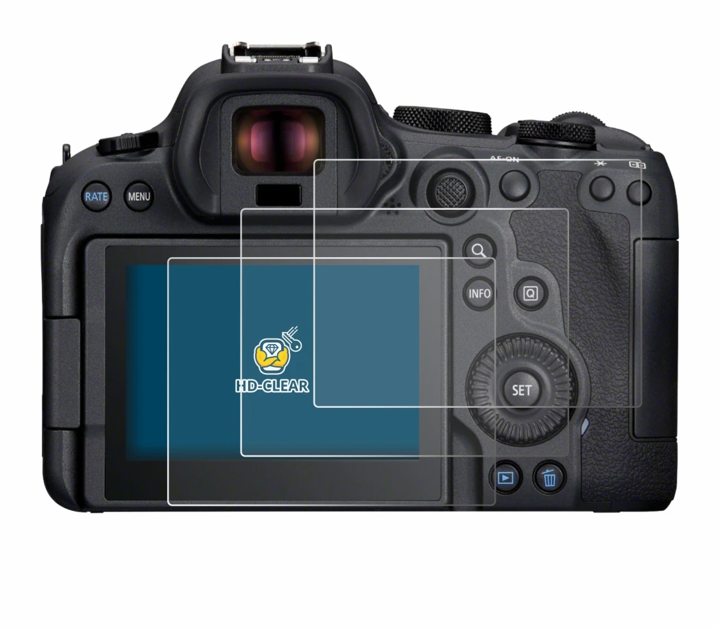 Image of the device Canon EOS R6 Mark II with a wide variety of screen protectors.