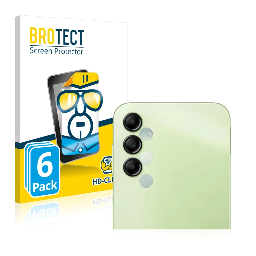 Front side of a product packaging with the brand logo BROTECT. Next to it is the device Samsung Galaxy A14 5G (ONLY Camera Len