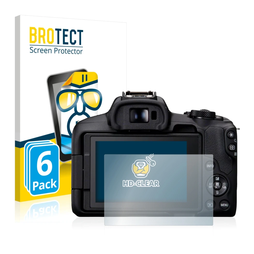 Front side of a product packaging with the brand logo BROTECT. Next to it is the device Canon EOS R50 shown with the correspon