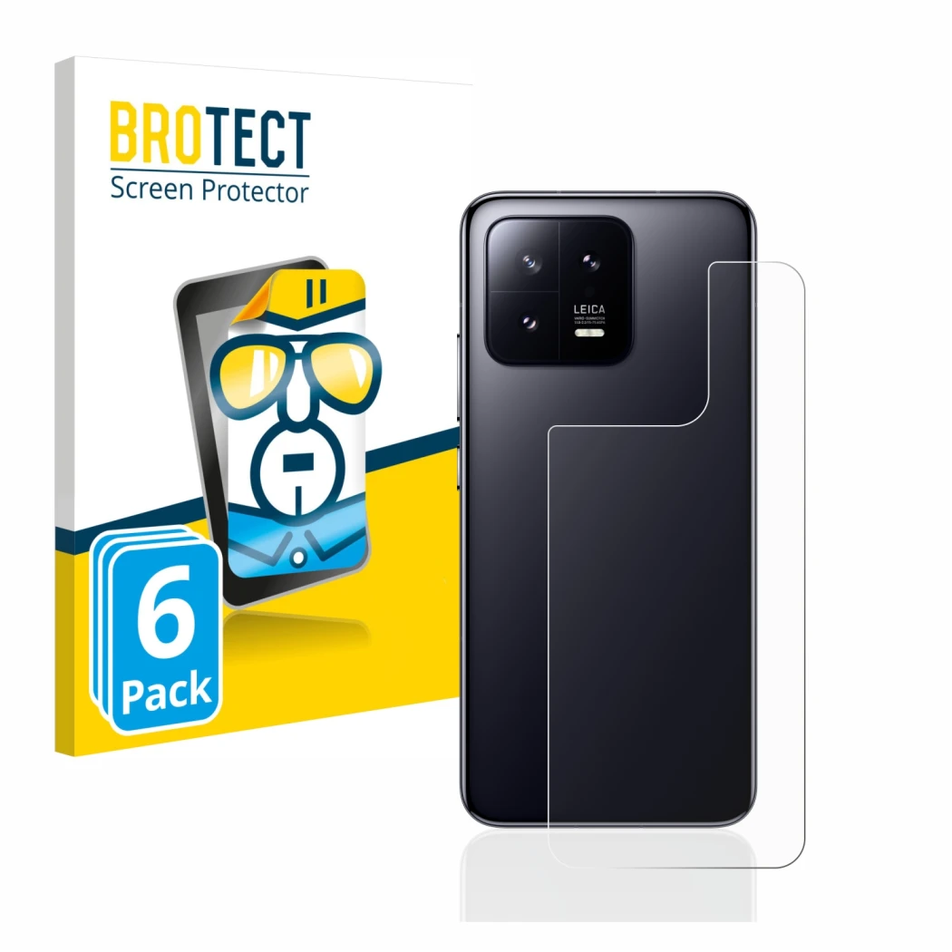 Front side of a product packaging with the brand logo BROTECT. Next to it is the device Xiaomi 13 (Back) shown with the corres