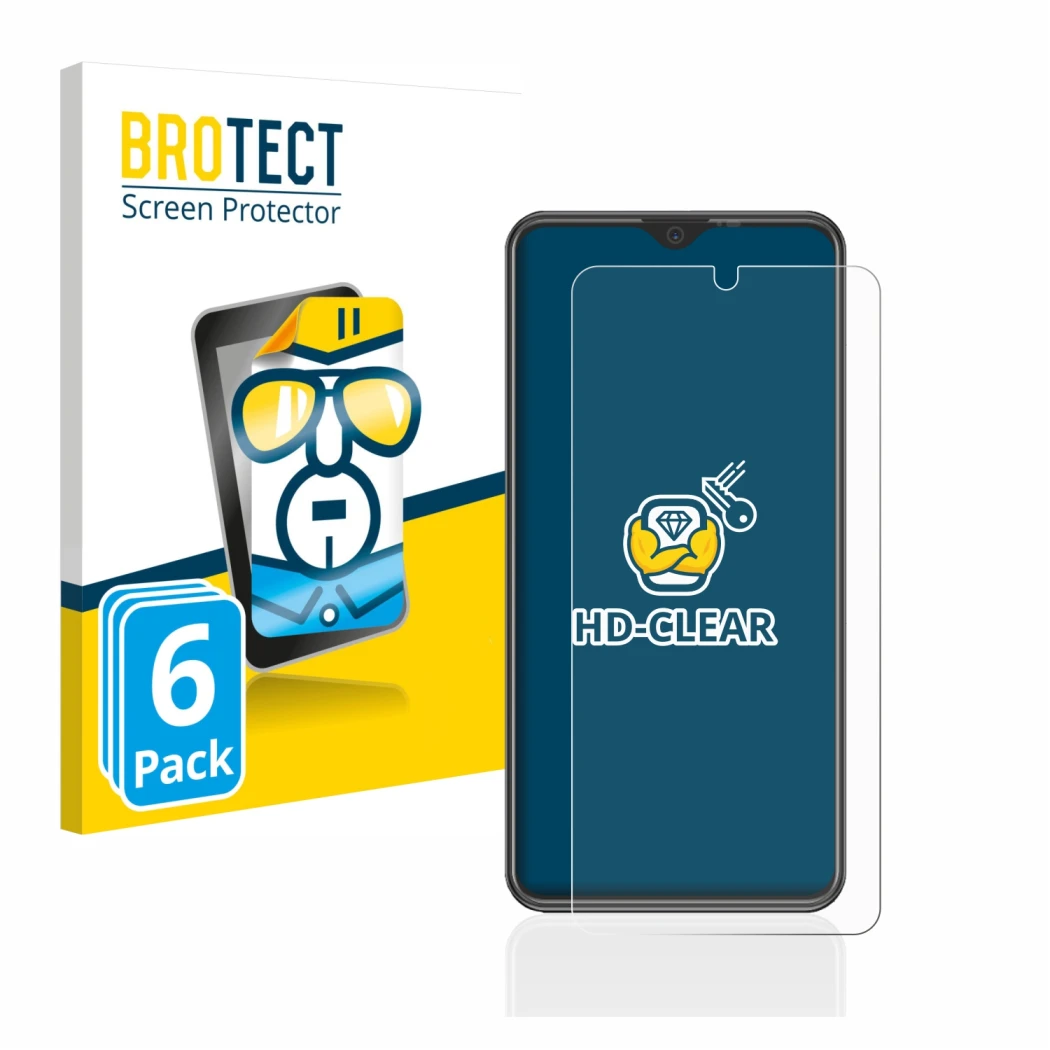 Front side of a product packaging with the brand logo BROTECT. Next to it is the device Beafon M6s premium shown with the corr