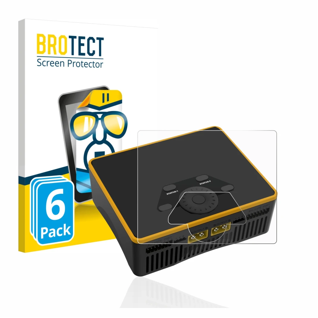 Front side of a product packaging with the brand logo BROTECT. Next to it is the device Junsi iCharger DX6 shown with the corr