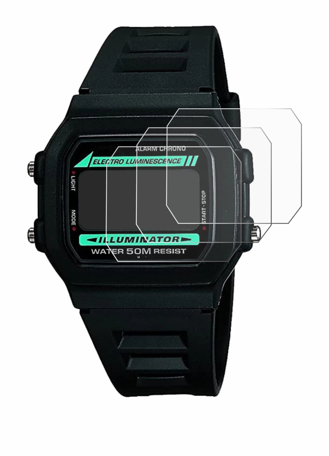 Image of the device Casio W-86-1VQES with a wide variety of screen protectors.