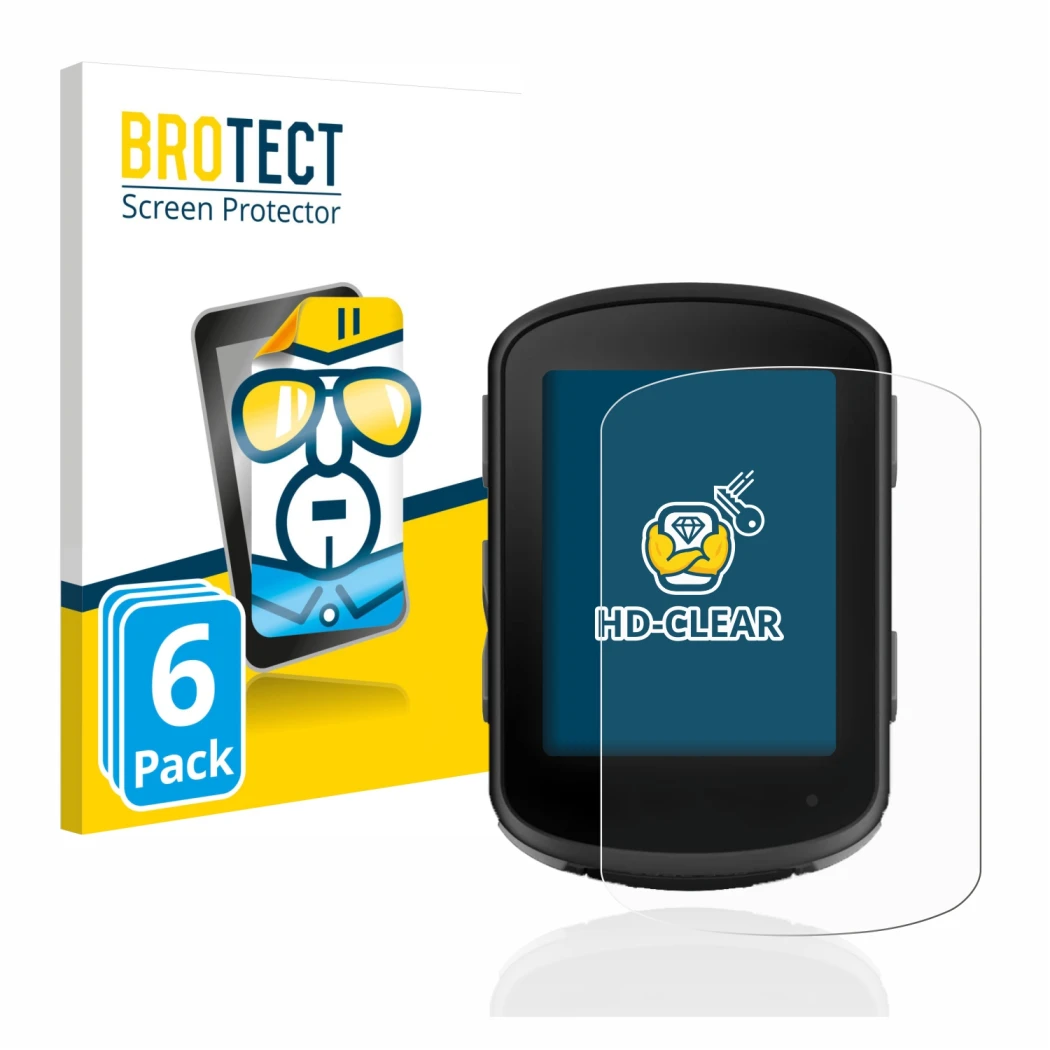 Front side of a product packaging with the brand logo BROTECT. Next to it is the device Garmin Edge 840 shown with the corresp