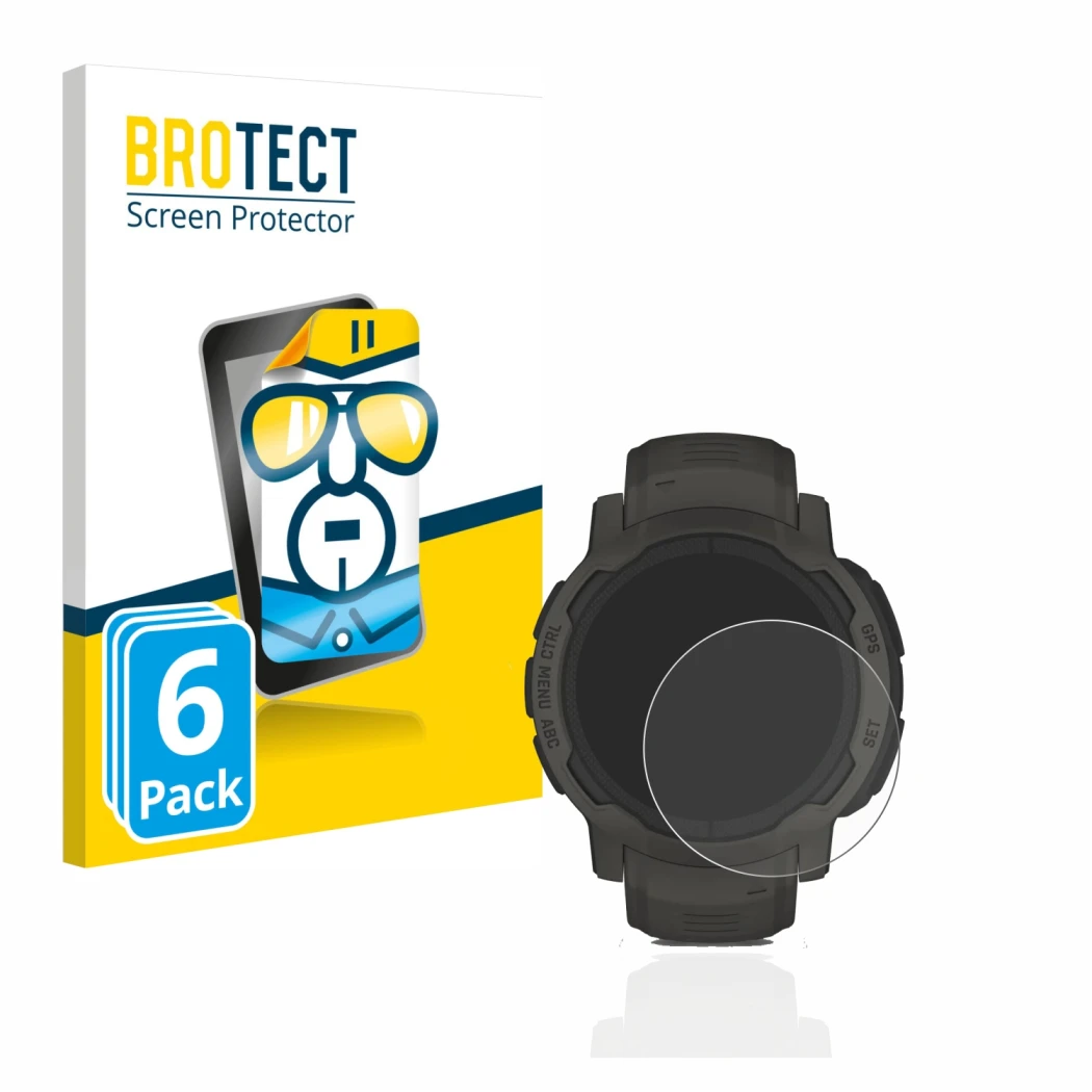 Front side of a product packaging with the brand logo BROTECT. Next to it is the device Garmin Instinct 2 Solar shown with the