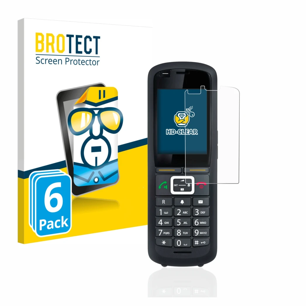 Front side of a product packaging with the brand logo BROTECT. Next to it is the device Gigaset R700H Pro shown with the corre