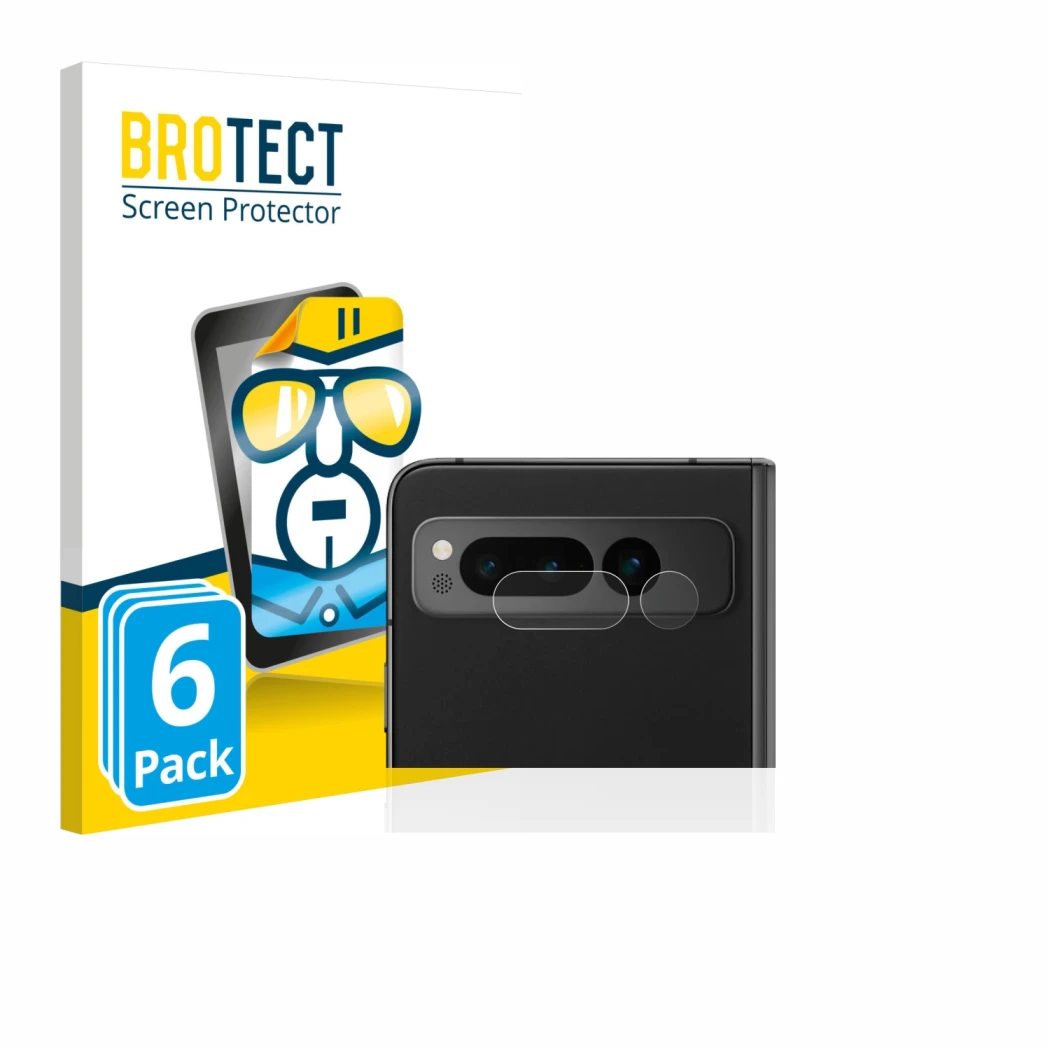 Front side of a product packaging with the brand logo BROTECT. Next to it is the device Google Pixel Fold (ONLY Camera Lens) s