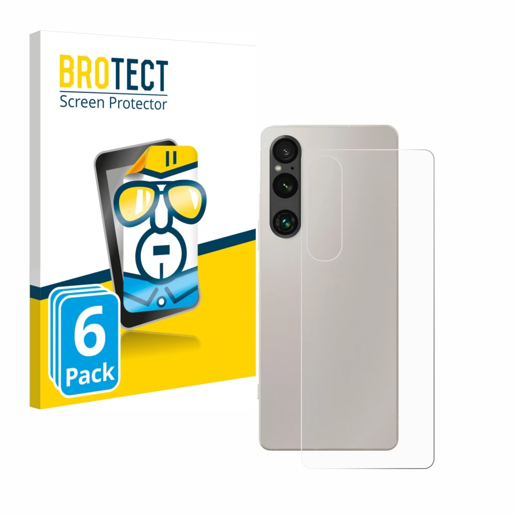 Front side of a product packaging with the brand logo BROTECT. Next to it is the device Sony Xperia 1 V (Back) shown with the 