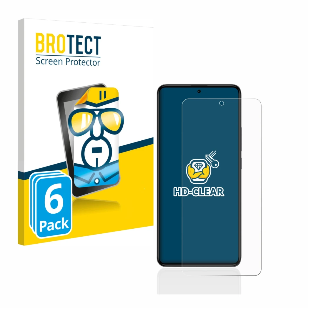 Front side of a product packaging with the brand logo BROTECT. Next to it is the device Xiaomi Poco F5 Pro shown with the corr