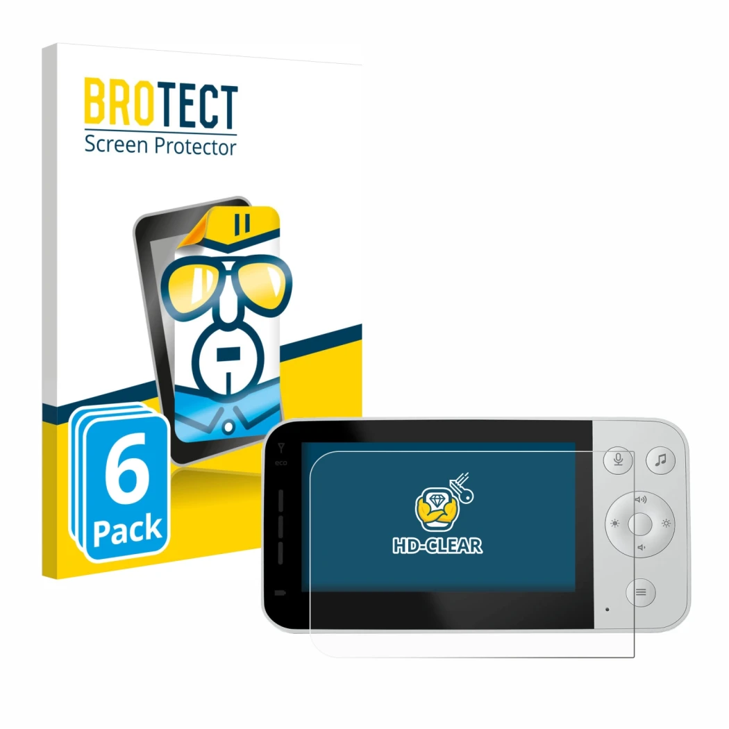 Front side of a product packaging with the brand logo BROTECT. Next to it is the device Philips Avent Connected SCD923 shown w
