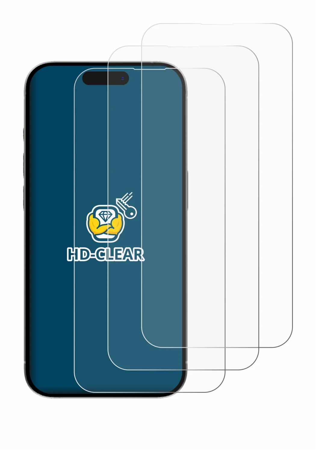 Image of the device Apple iPhone 15 Plus with a wide variety of screen protectors.