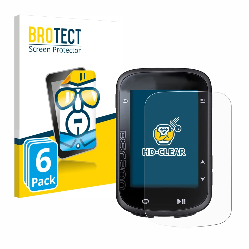 Front side of a product packaging with the brand logo BROTECT. Next to it is the device iGPSPORT BSC200 shown with the corresp