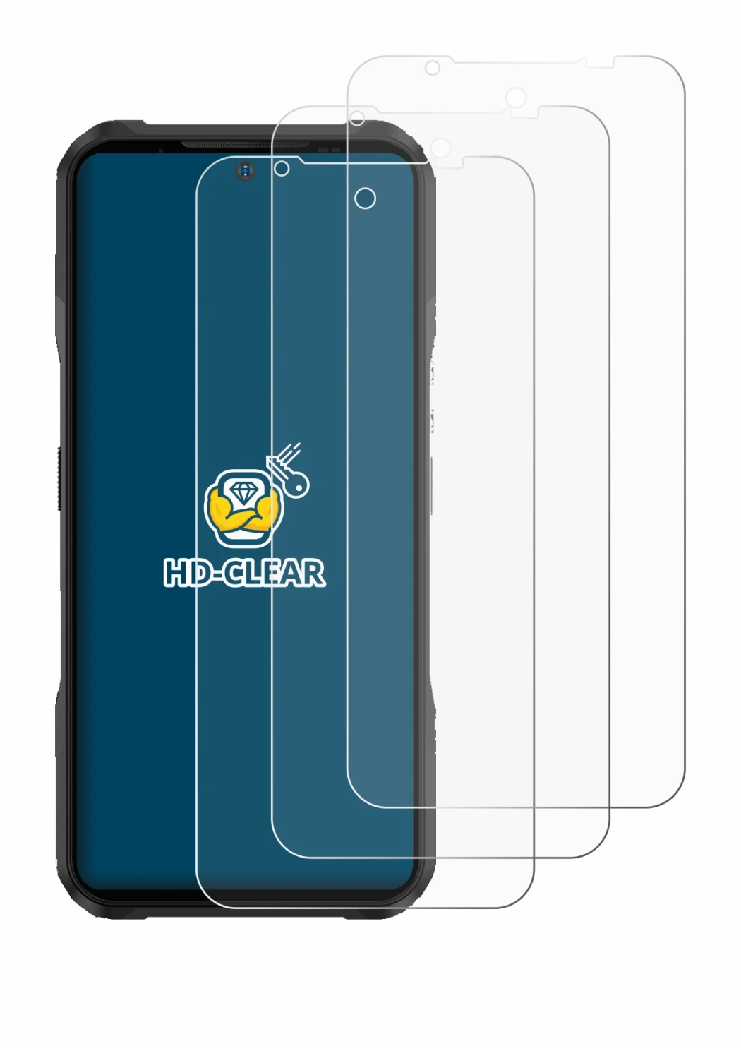 Image of the device Doogee V20 Pro with a wide variety of screen protectors.
