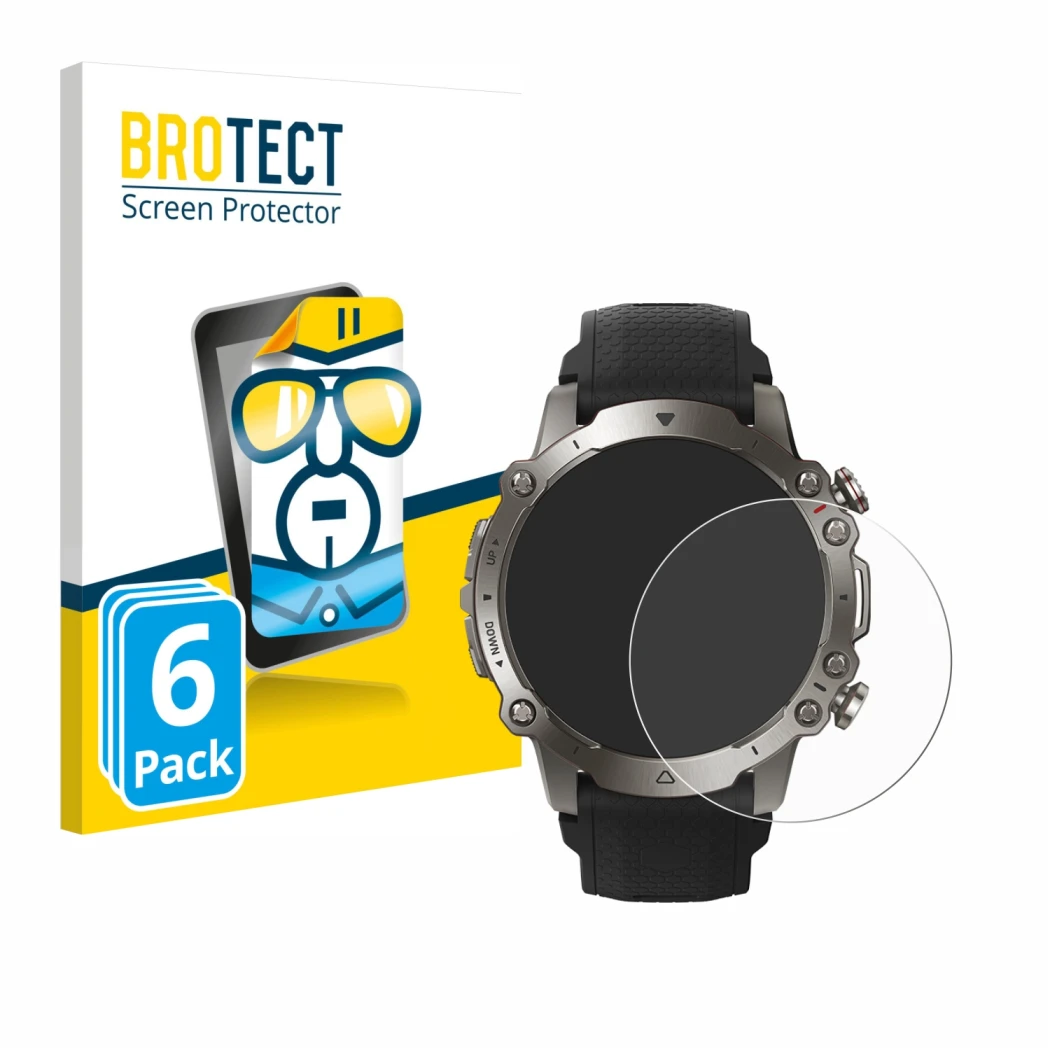 Front side of a product packaging with the brand logo BROTECT. Next to it is the device Huami Amazfit Falcon shown with the co