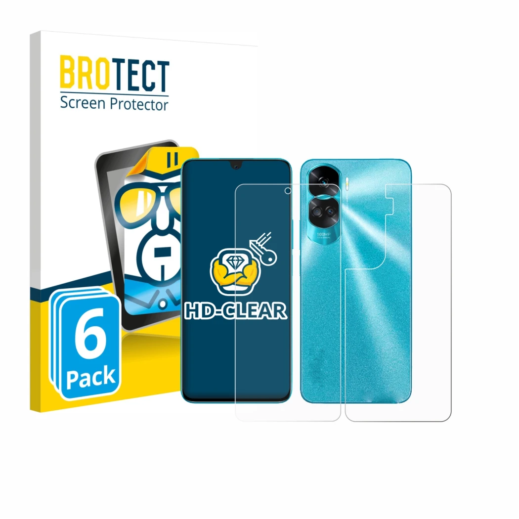 Front side of a product packaging with the brand logo BROTECT. Next to it is the device Honor 90 Lite (Front+Back) shown with