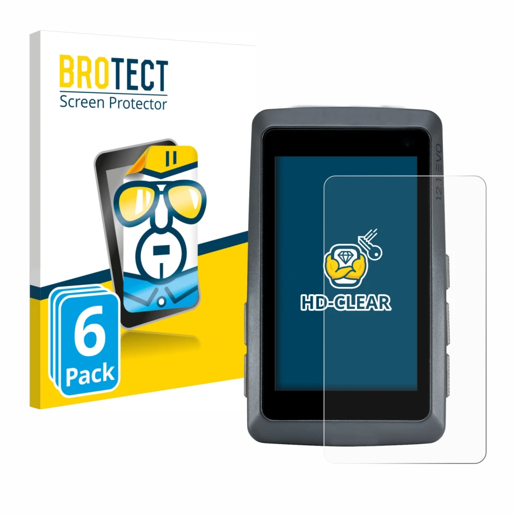 Front side of a product packaging with the brand logo BROTECT. Next to it is the device Sigma ROX 12.1 EVO shown with the corr