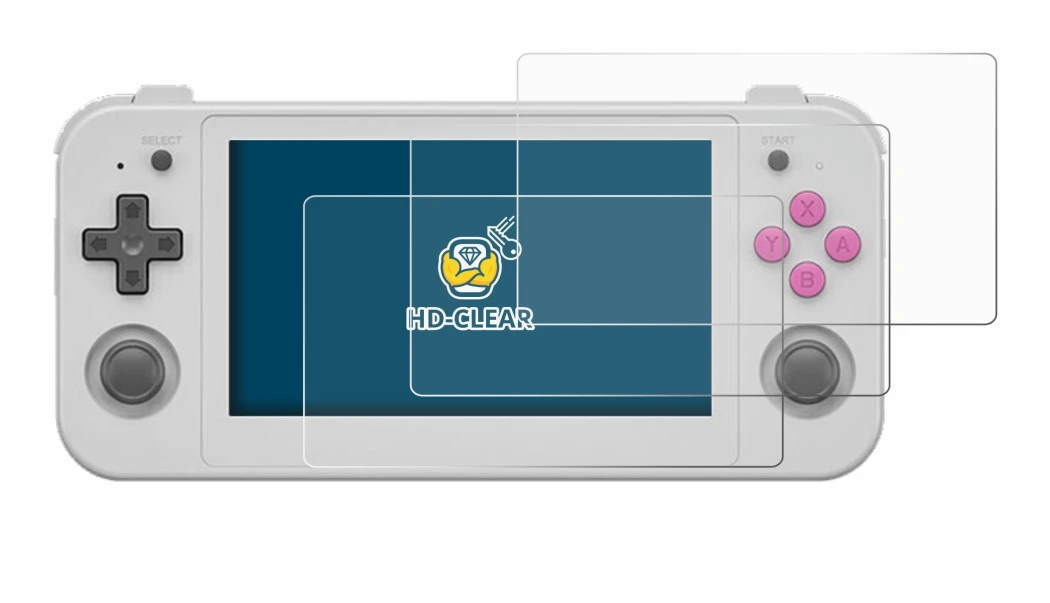 Image of the device Anbernic RG505 with a wide variety of screen protectors.