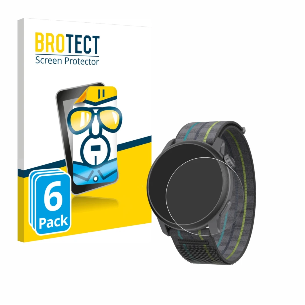 Front side of a product packaging with the brand logo BROTECT. Next to it is the device Coros Pace 3 shown with the correspond