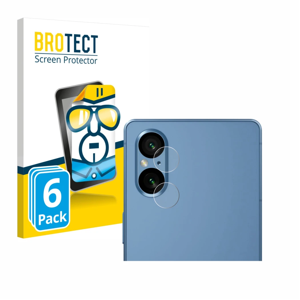 Front side of a product packaging with the brand logo BROTECT. Next to it is the device Sony Xperia 5 V (ONLY Camera Lens) sho