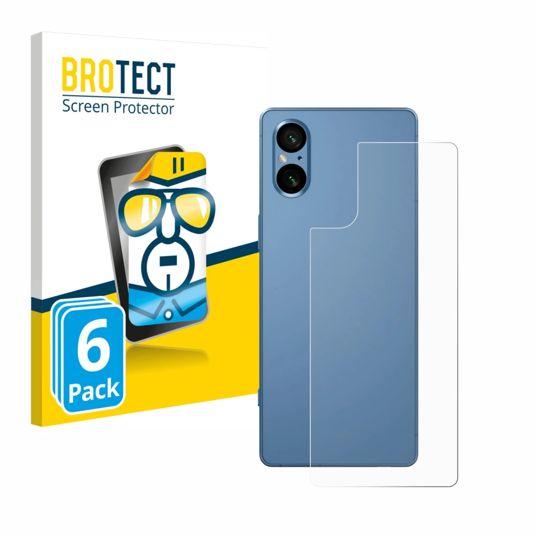 Front side of a product packaging with the brand logo BROTECT. Next to it is the device Sony Xperia 5 V (Back) shown with the 