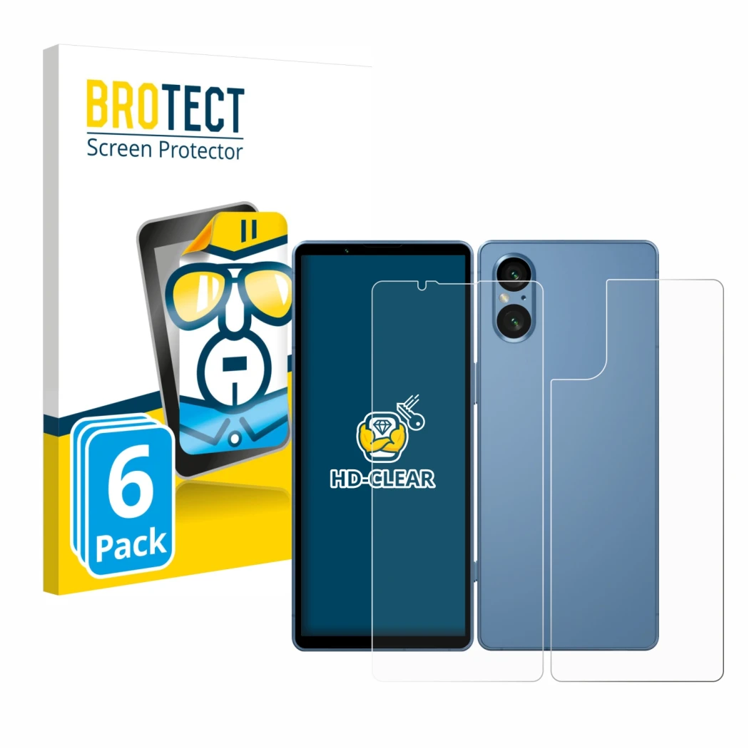 Front side of a product packaging with the brand logo BROTECT. Next to it is the device Sony Xperia 5 V (Front+Back) shown wit