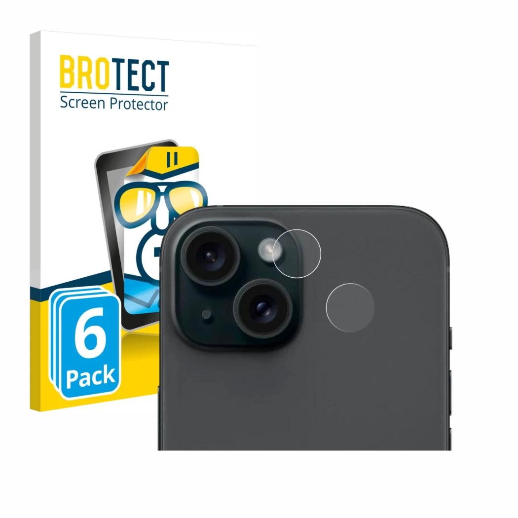 Front side of a product packaging with the brand logo BROTECT. Next to it is the device Apple iPhone 15 (ONLY Camera Lens) sho