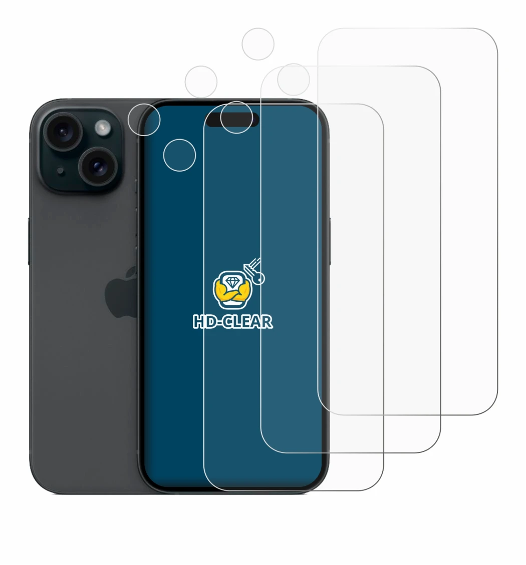 Image of the device Apple iPhone 15 (Front+Camera) with a wide variety of screen protectors.