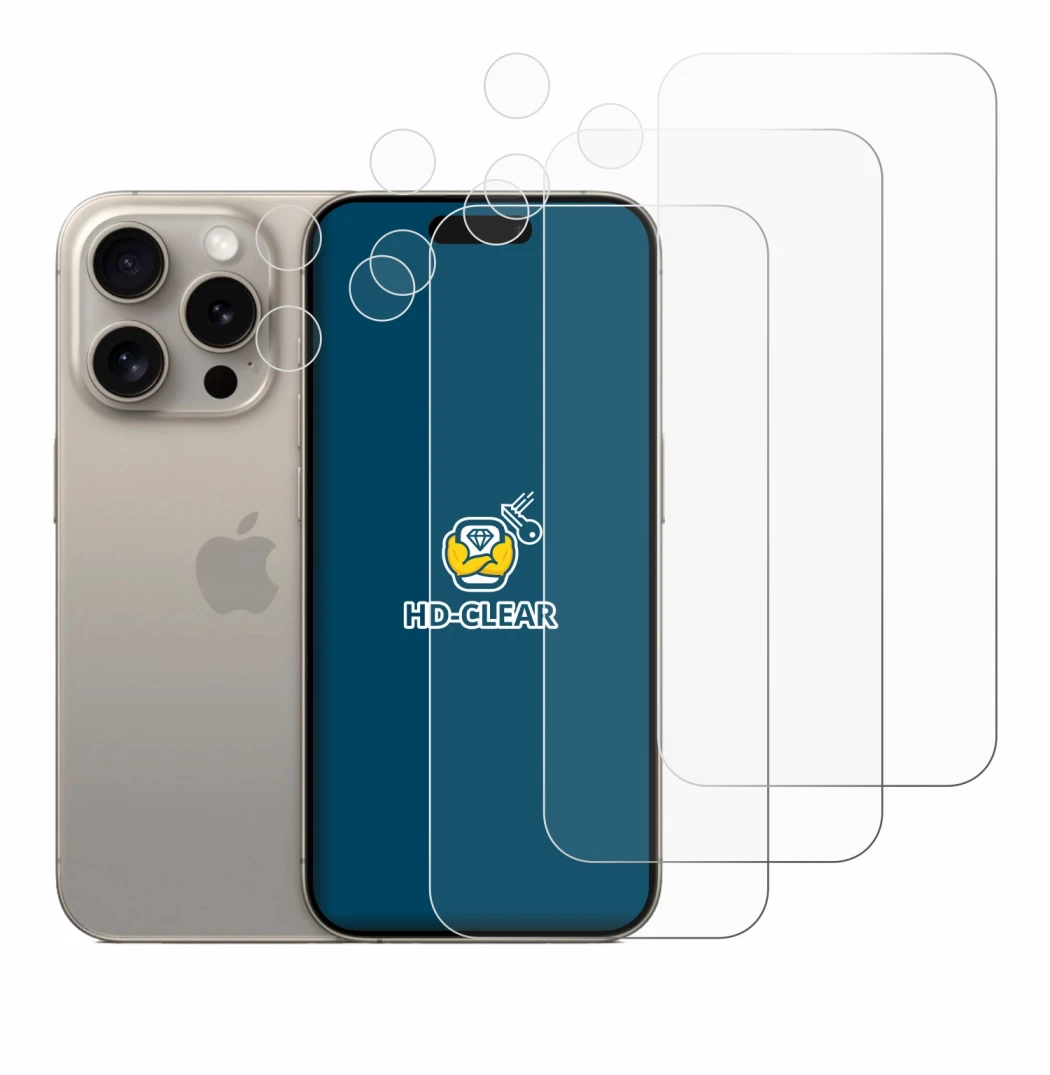 Image of the device Apple iPhone 15 Pro (Front+Camera) with a wide variety of screen protectors.