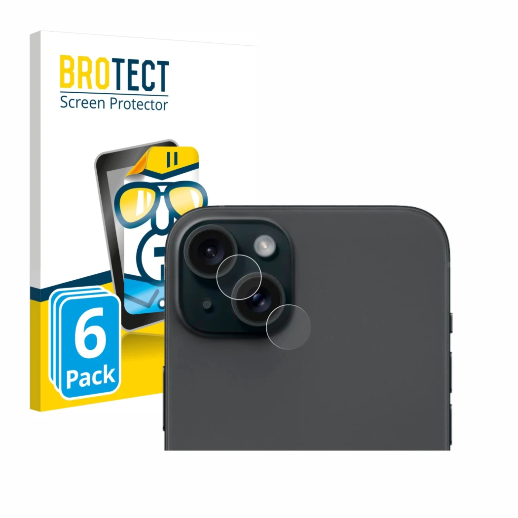 Front side of a product packaging with the brand logo BROTECT. Next to it is the device Apple iPhone 15 Plus (ONLY Camera Lens